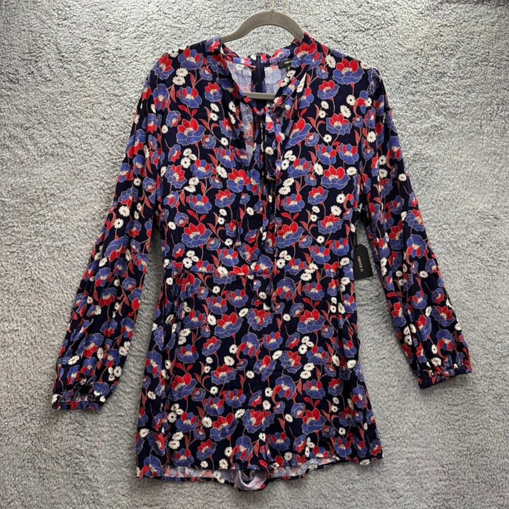 Forever 21 NWT Large Long Sleeve Floral Romper‎ Pockets Front Tie Back Zip